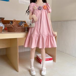 Girls Summer Dress New Children's Flower Bubble Sleeve Princess Dress French Square Neck Little Girl Pure Cotton Dress
