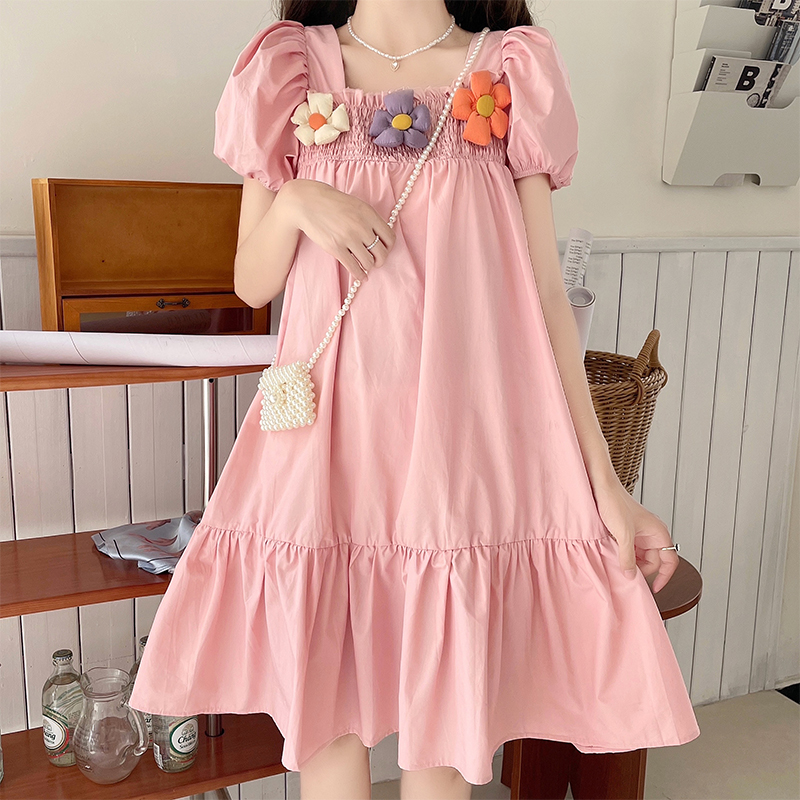 Girls Summer Dress New Children's Flower Bubble Sleeve Princess Dress French Square Neck Little Girl Pure Cotton Dress - Image 2