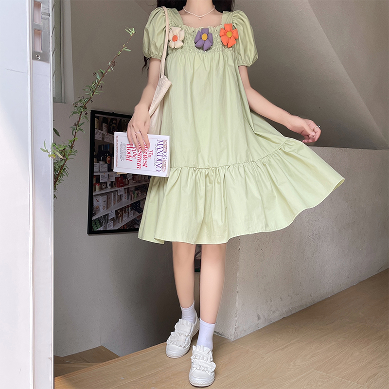 Girls Summer Dress New Children's Flower Bubble Sleeve Princess Dress French Square Neck Little Girl Pure Cotton Dress - Image 3