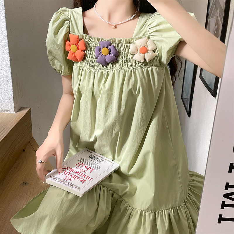 Girls Summer Dress New Children's Flower Bubble Sleeve Princess Dress French Square Neck Little Girl Pure Cotton Dress - Image 4