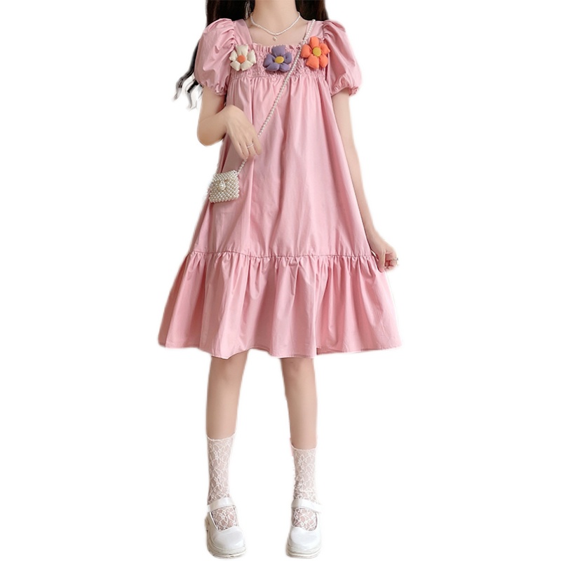 Girls Summer Dress New Children's Flower Bubble Sleeve Princess Dress French Square Neck Little Girl Pure Cotton Dress - Image 5