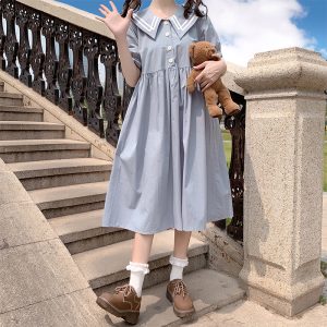 Preppy Navy Collar Tie-Waist Slimming Long Dress Spring New