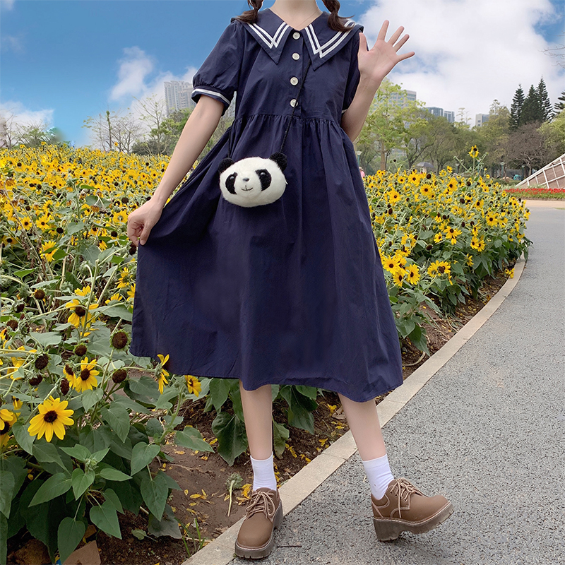 Preppy Navy Collar Tie-Waist Slimming Long Dress Spring New - Image 2
