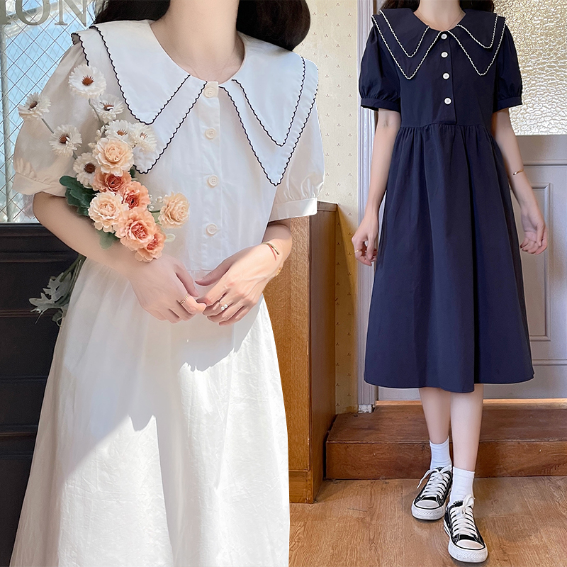 Real Photo Doll Collar Dress Women 2022 Summer New Mori Style Age Reducing Puff Sleeve Midi Dress