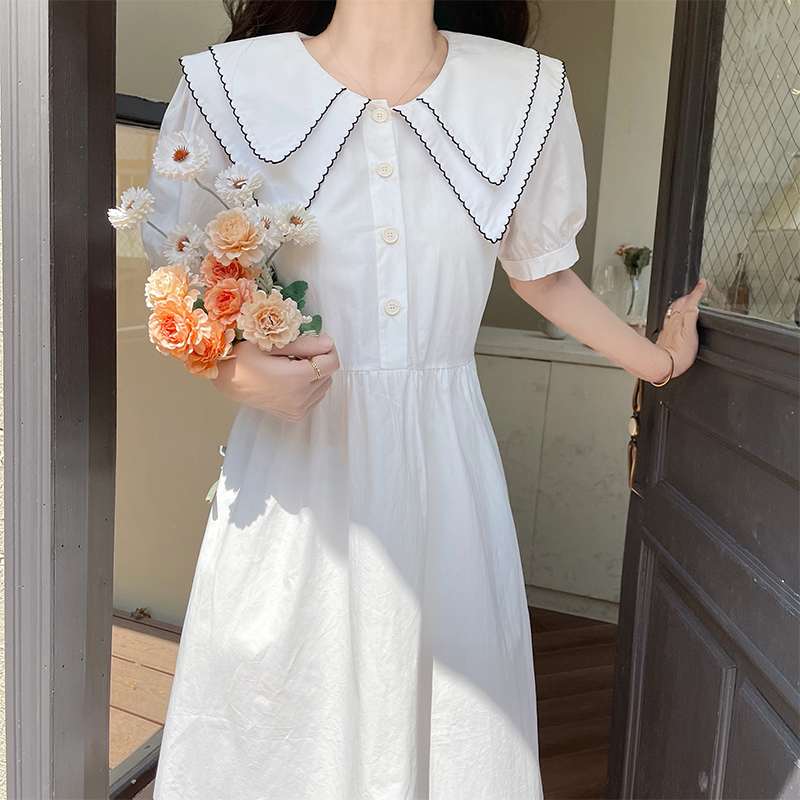 Real Photo Doll Collar Dress Women 2022 Summer New Mori Style Age Reducing Puff Sleeve Midi Dress - Image 2
