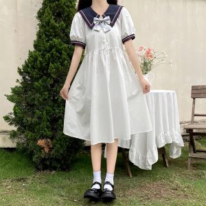 Sweet Japanese Navy Collar Preppy Over-Knee Dress
