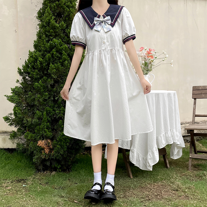 Sweet Japanese Navy Collar Preppy Over-Knee Dress