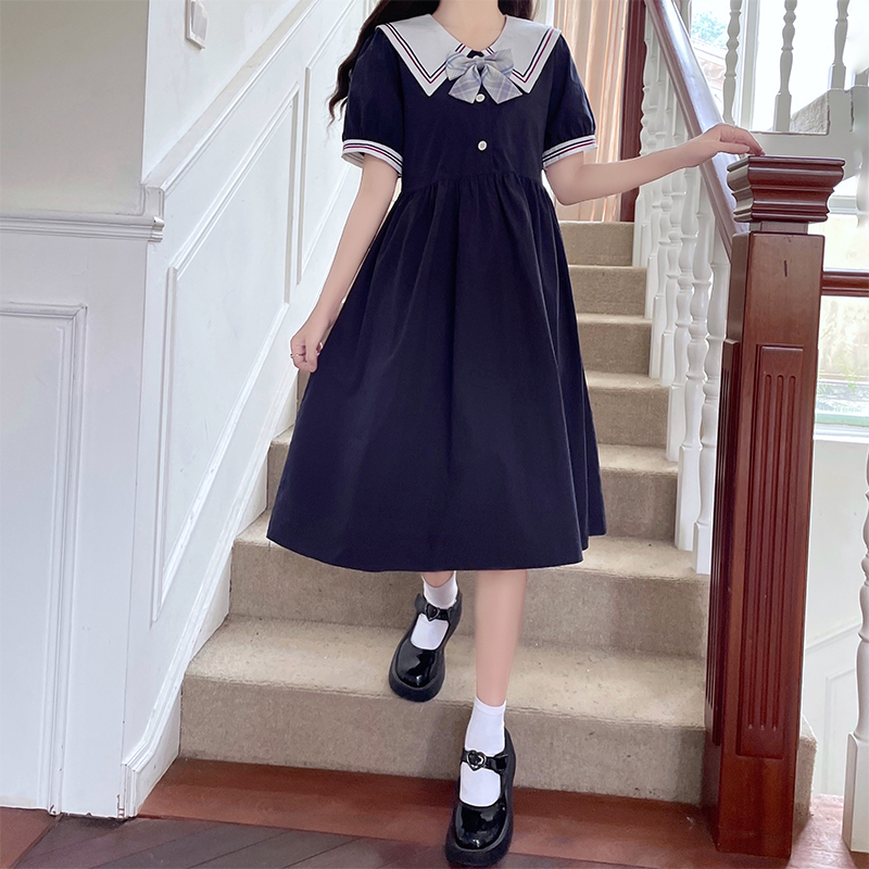 Sweet Japanese Navy Collar Preppy Over-Knee Dress - Image 2