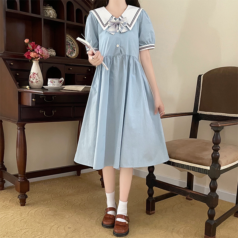 Sweet Japanese Navy Collar Preppy Over-Knee Dress - Image 3