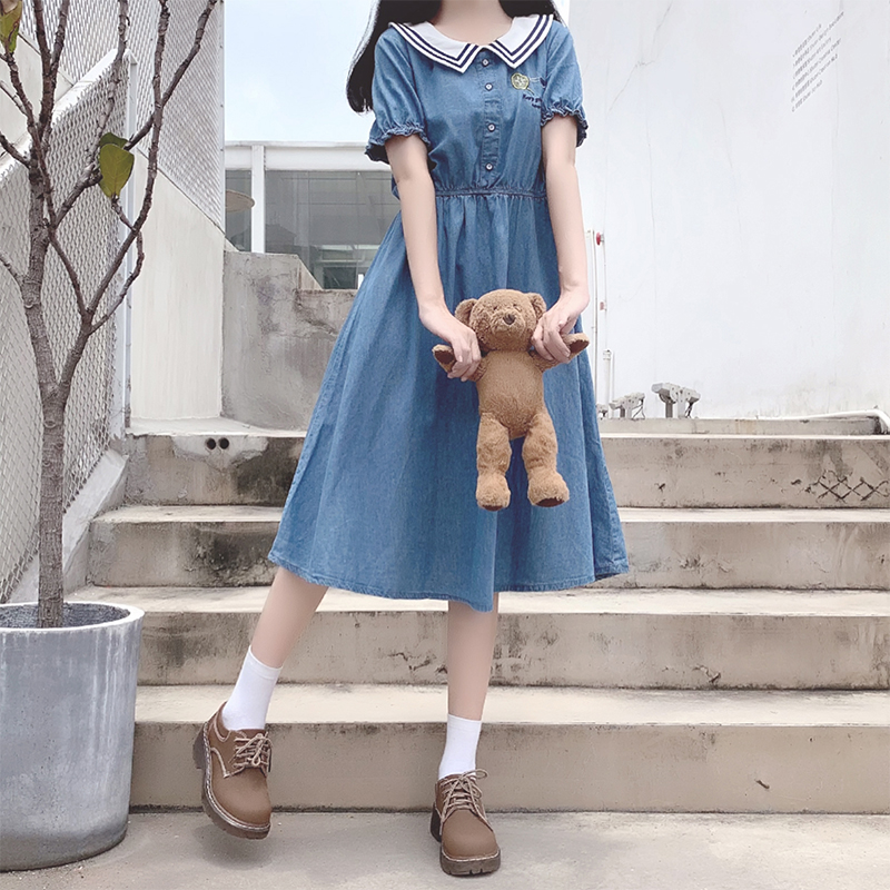 Girls Denim Dress Summer 2021 New College Style A-Line Long Dress - Image 2