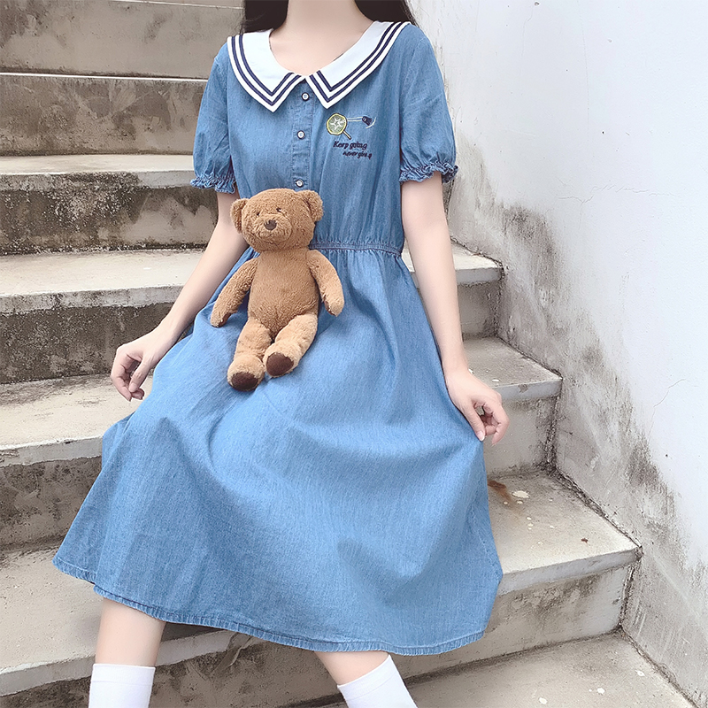 Girls Denim Dress Summer 2021 New College Style A-Line Long Dress - Image 3
