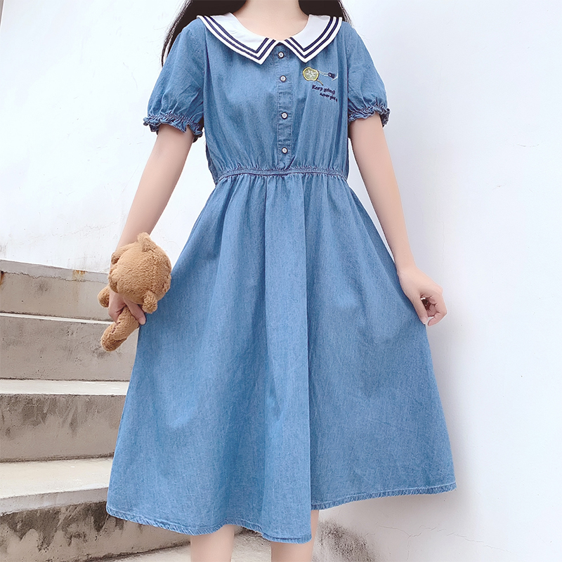 Girls Denim Dress Summer 2021 New College Style A-Line Long Dress - Image 4
