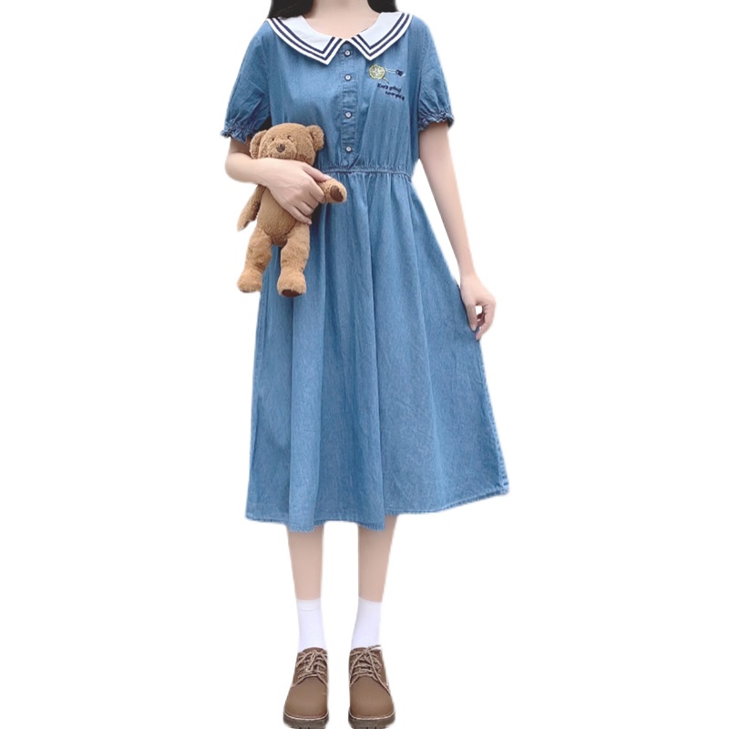 Girls Denim Dress Summer 2021 New College Style A-Line Long Dress - Image 5