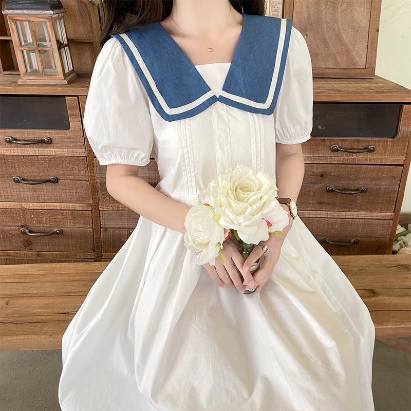 Fresh Doll Collar Navy Style Dress for Women - Image 3