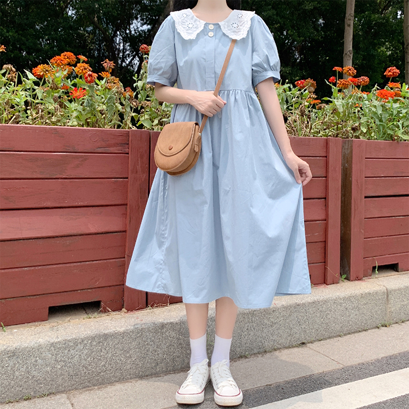 Blue Puff Sleeve Dress 2021 Summer Midi A-Line Women's Slimming Sweet Dress
