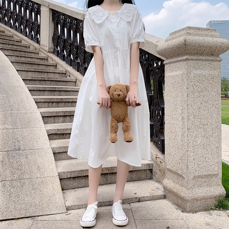 Blue Puff Sleeve Dress 2021 Summer Midi A-Line Women's Slimming Sweet Dress - Image 2