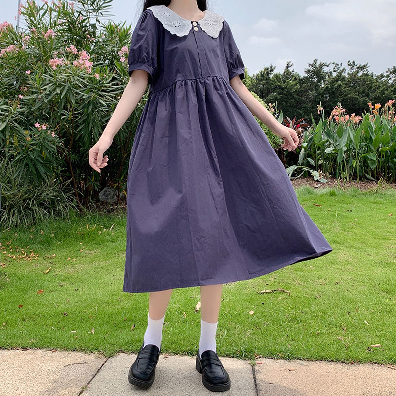 Blue Puff Sleeve Dress 2021 Summer Midi A-Line Women's Slimming Sweet Dress - Image 3