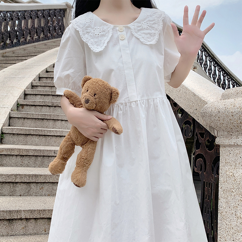 Blue Puff Sleeve Dress 2021 Summer Midi A-Line Women's Slimming Sweet Dress - Image 4