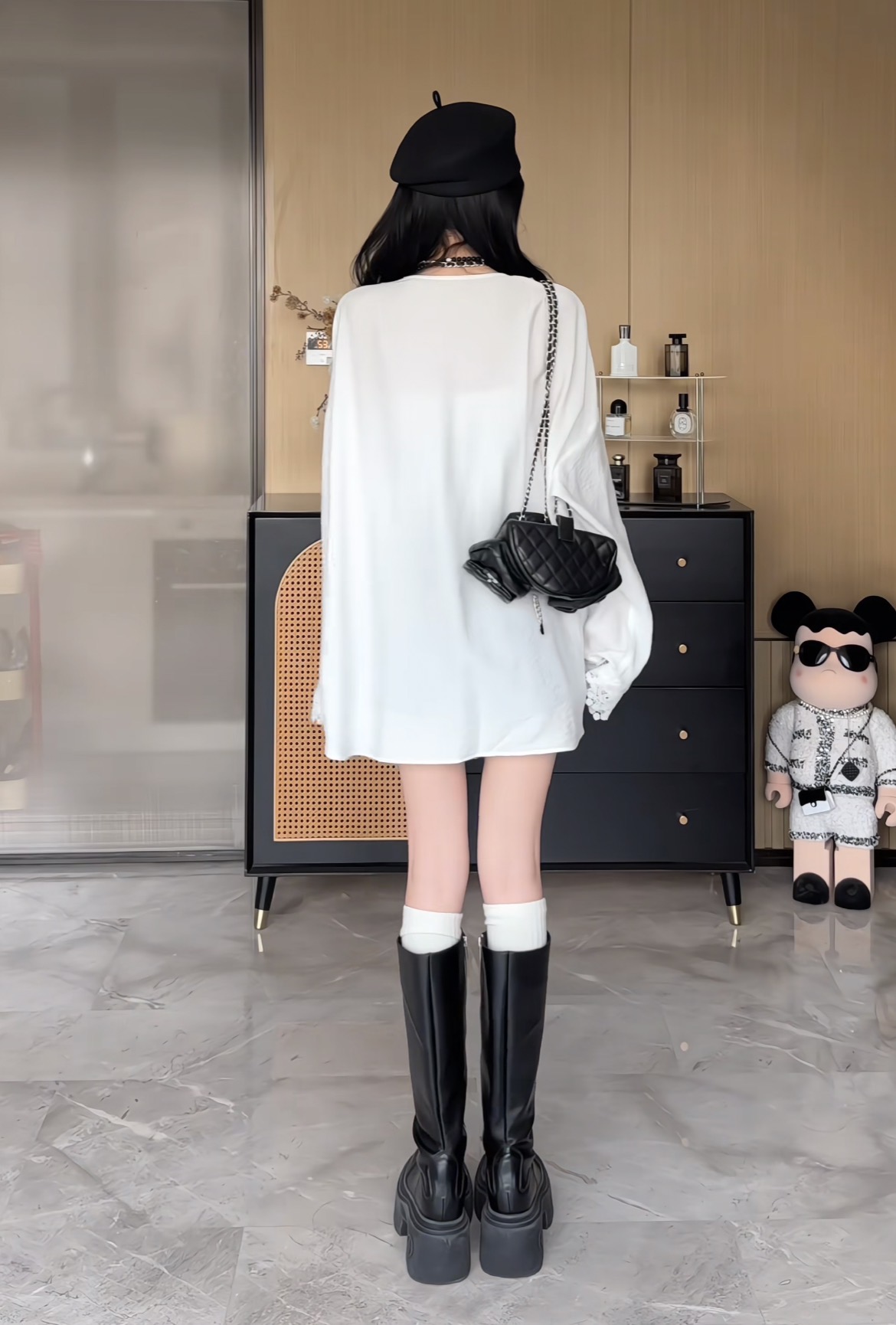 Elegant Lace Trim Tie Front Shirt with Gray Cape Set - Image 3