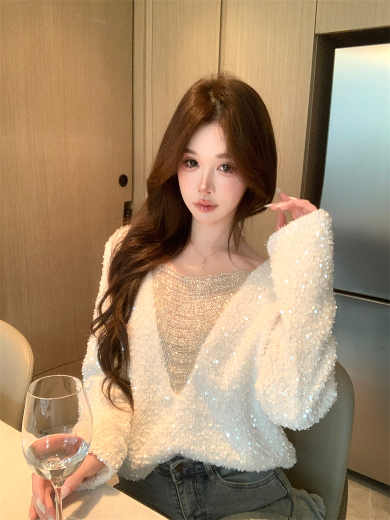 Sequin V-Neck Long Sleeve Knit Top for Women 2025 Winter Loose Slimming Chic - Image 2