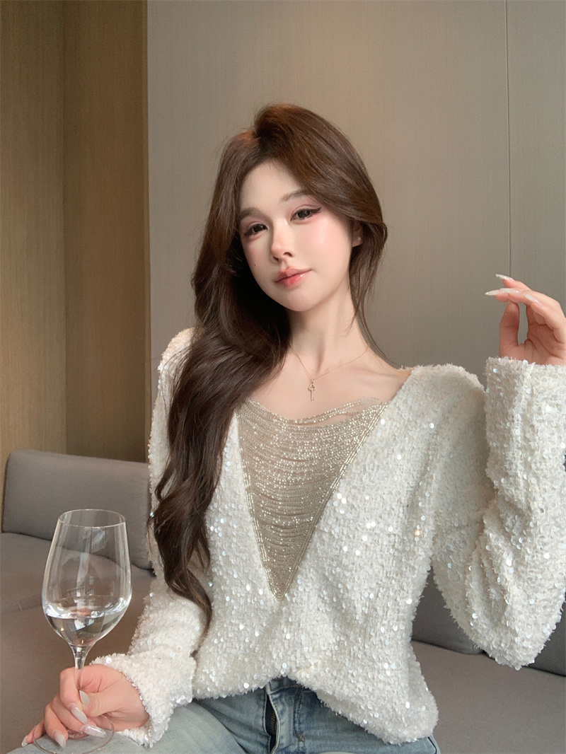 Sequin V-Neck Long Sleeve Knit Top for Women 2025 Winter Loose Slimming Chic