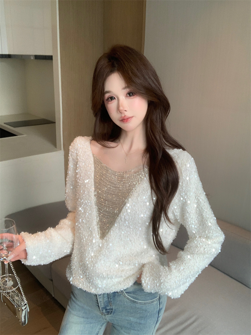 Sequin V-Neck Long Sleeve Knit Top for Women 2025 Winter Loose Slimming Chic - Image 3