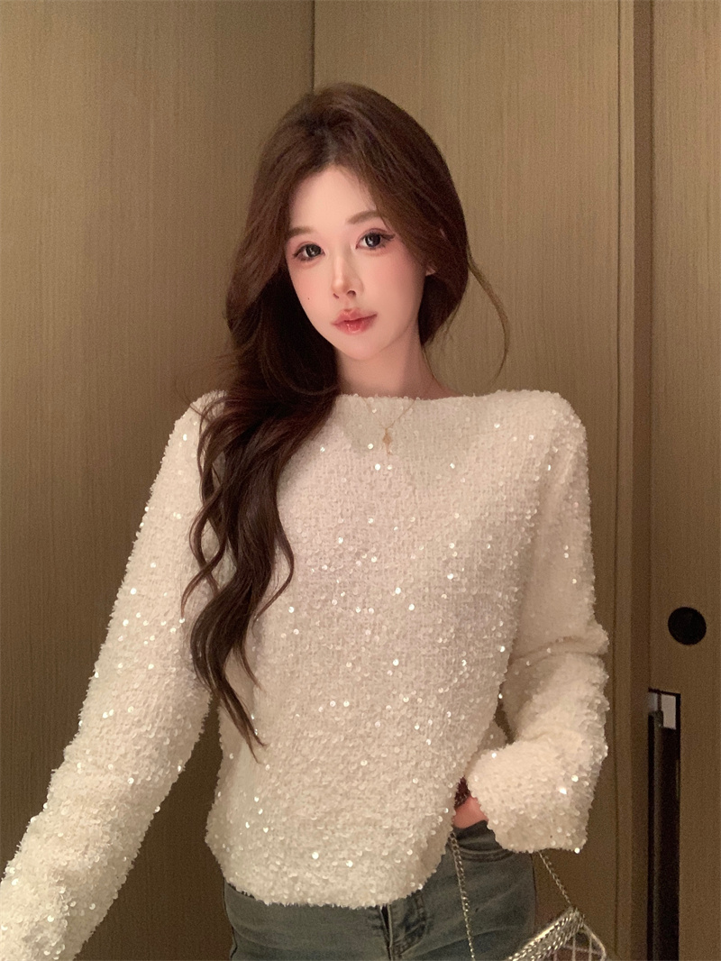 Sequin V-Neck Long Sleeve Knit Top for Women 2025 Winter Loose Slimming Chic - Image 4