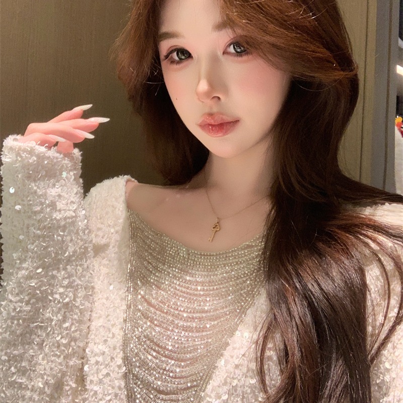 Sequin V-Neck Long Sleeve Knit Top for Women 2025 Winter Loose Slimming Chic - Image 5