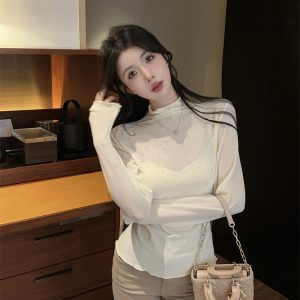 Women's Rhinestone Half Turtleneck Long Sleeve Ruched Trim Base Top 2025 Winter