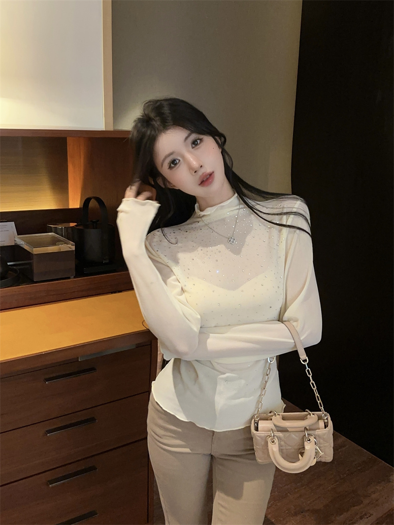 Women's Rhinestone Half Turtleneck Long Sleeve Ruched Trim Base Top 2025 Winter