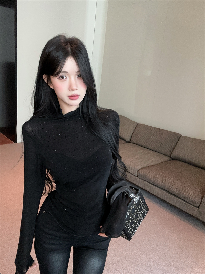 Women's Rhinestone Half Turtleneck Long Sleeve Ruched Trim Base Top 2025 Winter - Image 4