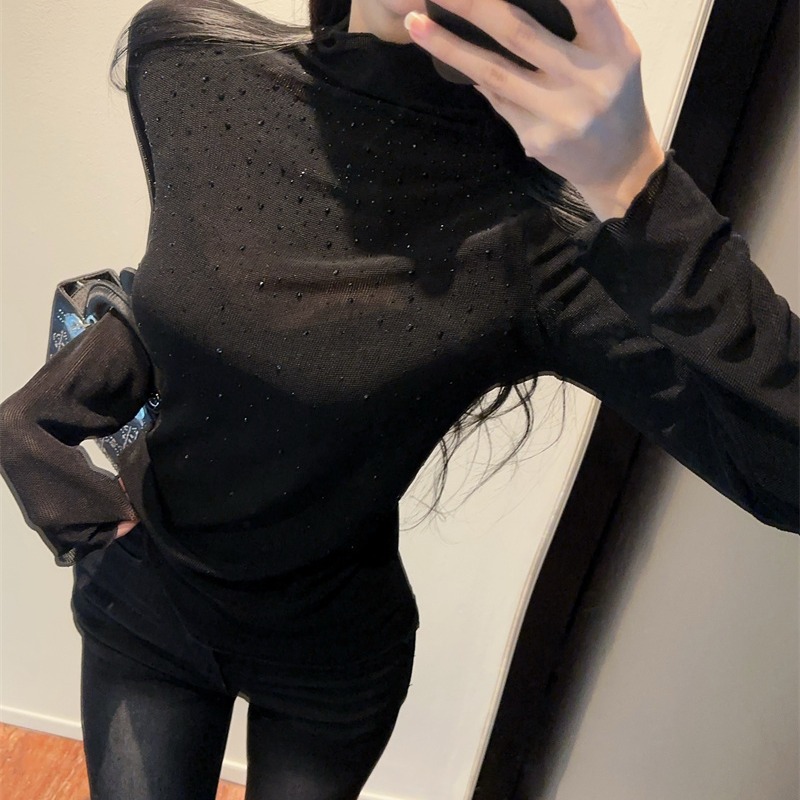 Women's Rhinestone Half Turtleneck Long Sleeve Ruched Trim Base Top 2025 Winter - Image 5