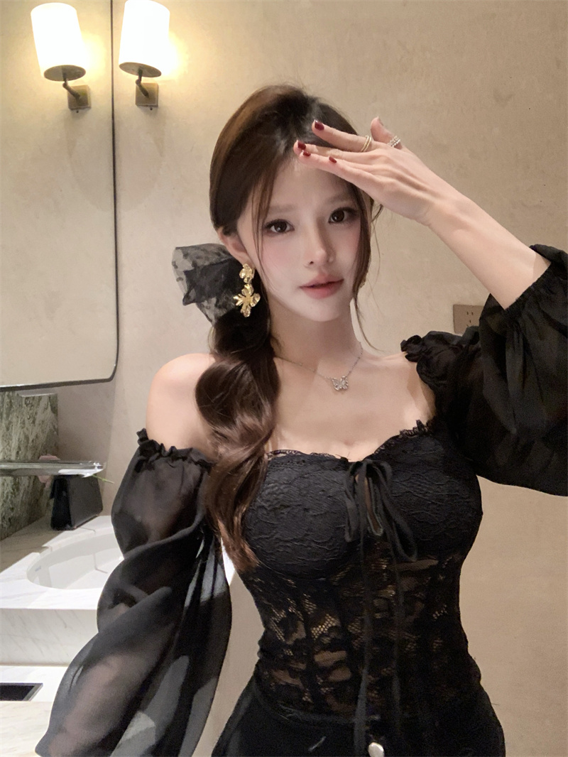 Puff Sleeve Lace Chiffon Off-Shoulder Corset Top - Image 2