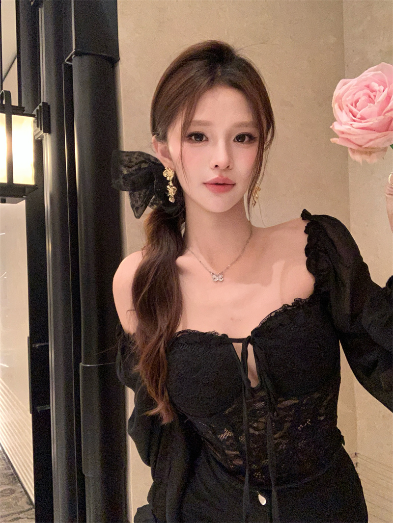 Puff Sleeve Lace Chiffon Off-Shoulder Corset Top - Image 4