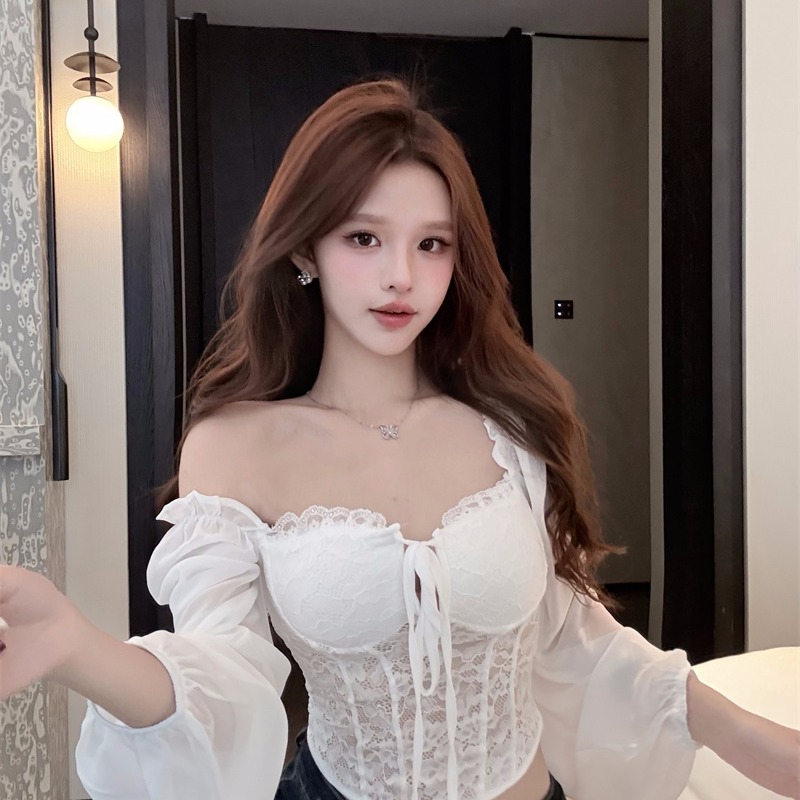 Puff Sleeve Lace Chiffon Off-Shoulder Corset Top - Image 3