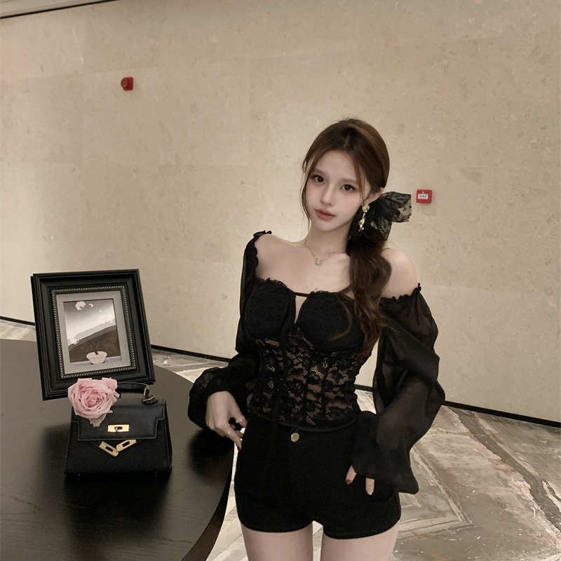 Puff Sleeve Lace Chiffon Off-Shoulder Corset Top - Image 5