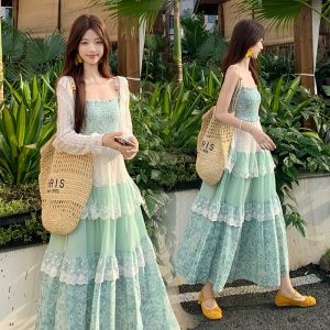 Plus Size Sweet Pastoral Floral Sleeveless Two-Piece Maxi Dress Set Summer 2026