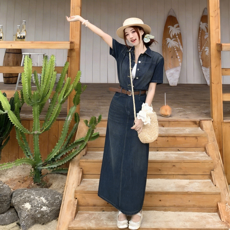 Plus Size Retro Denim Dress with Belt Short Sleeve A-Line Long Summer