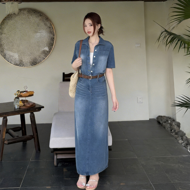 Plus Size Retro Denim Dress with Belt Short Sleeve A-Line Long Summer - Image 4
