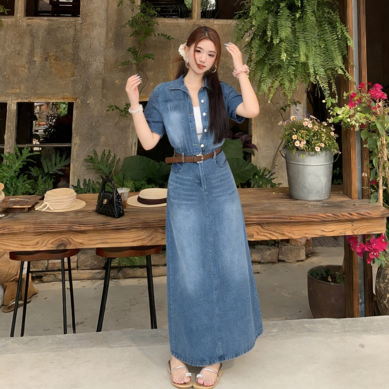 Plus Size Retro Denim Dress with Belt Short Sleeve A-Line Long Summer - Image 3