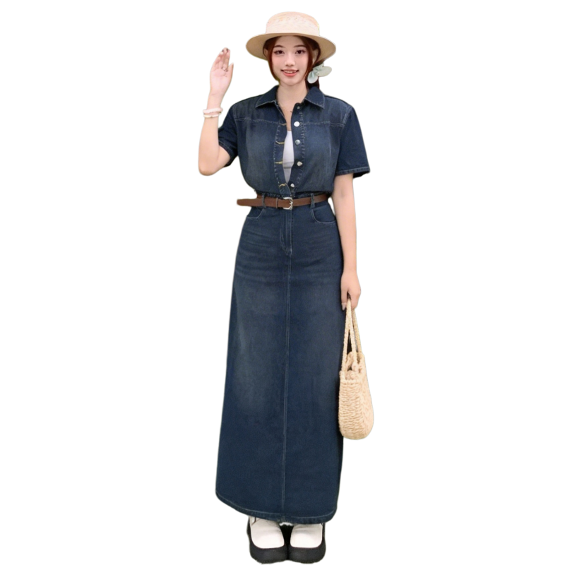 Plus Size Retro Denim Dress with Belt Short Sleeve A-Line Long Summer - Image 5