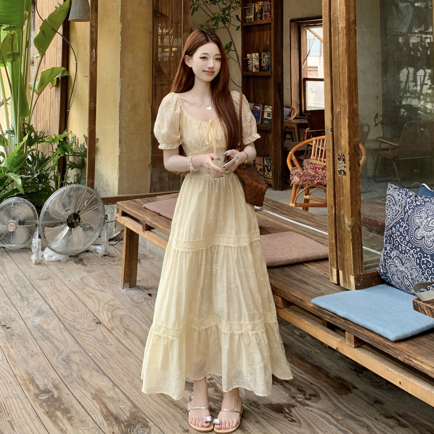 Plus Size French Style Hollow Embroidered Square Neck A-Line Long Dress Summer 2026 - Image 3