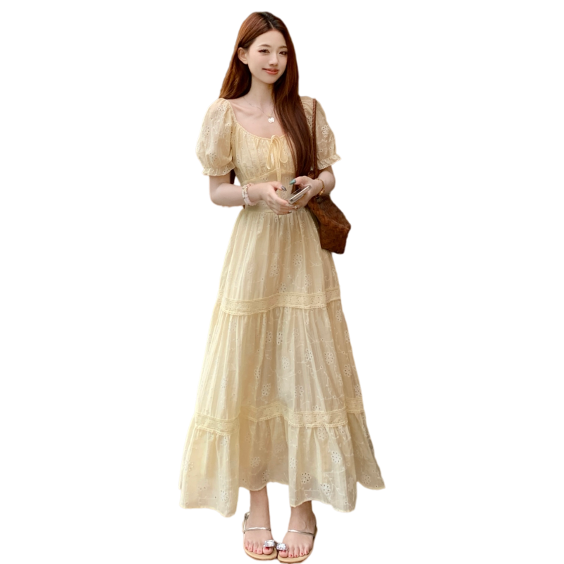 Plus Size French Style Hollow Embroidered Square Neck A-Line Long Dress Summer 2026 - Image 5