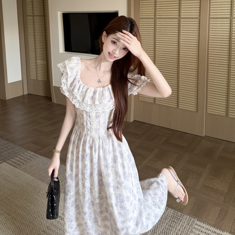 Plus Size Lace Ruffle Neck Floral Dress Summer 2026 French Sweet Style - Image 4