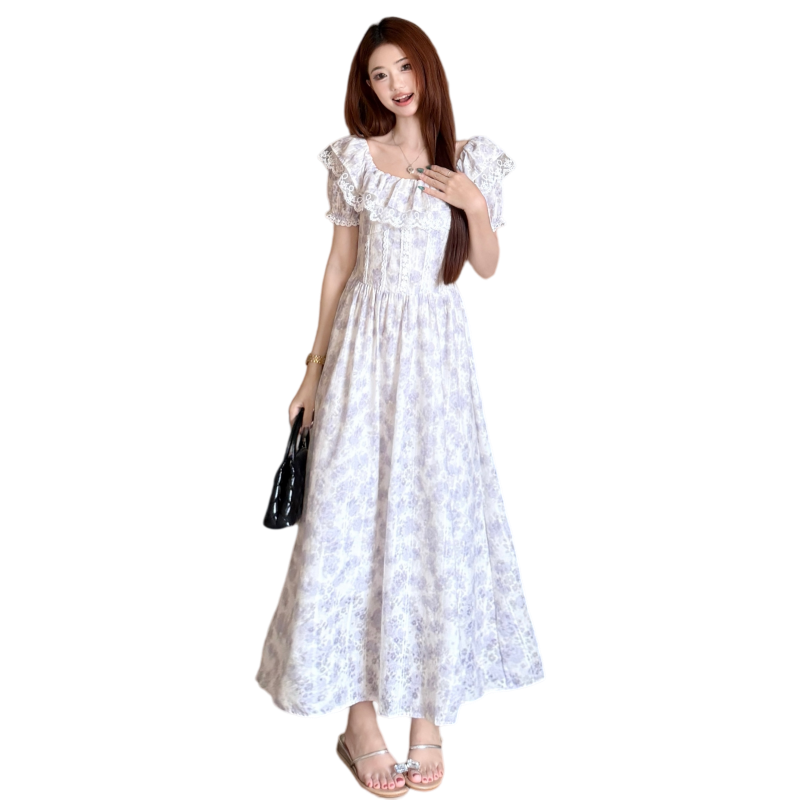 Plus Size Lace Ruffle Neck Floral Dress Summer 2026 French Sweet Style - Image 5