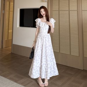 Plus Size Lace Ruffle Neck Floral Dress Summer 2026 French Sweet Style