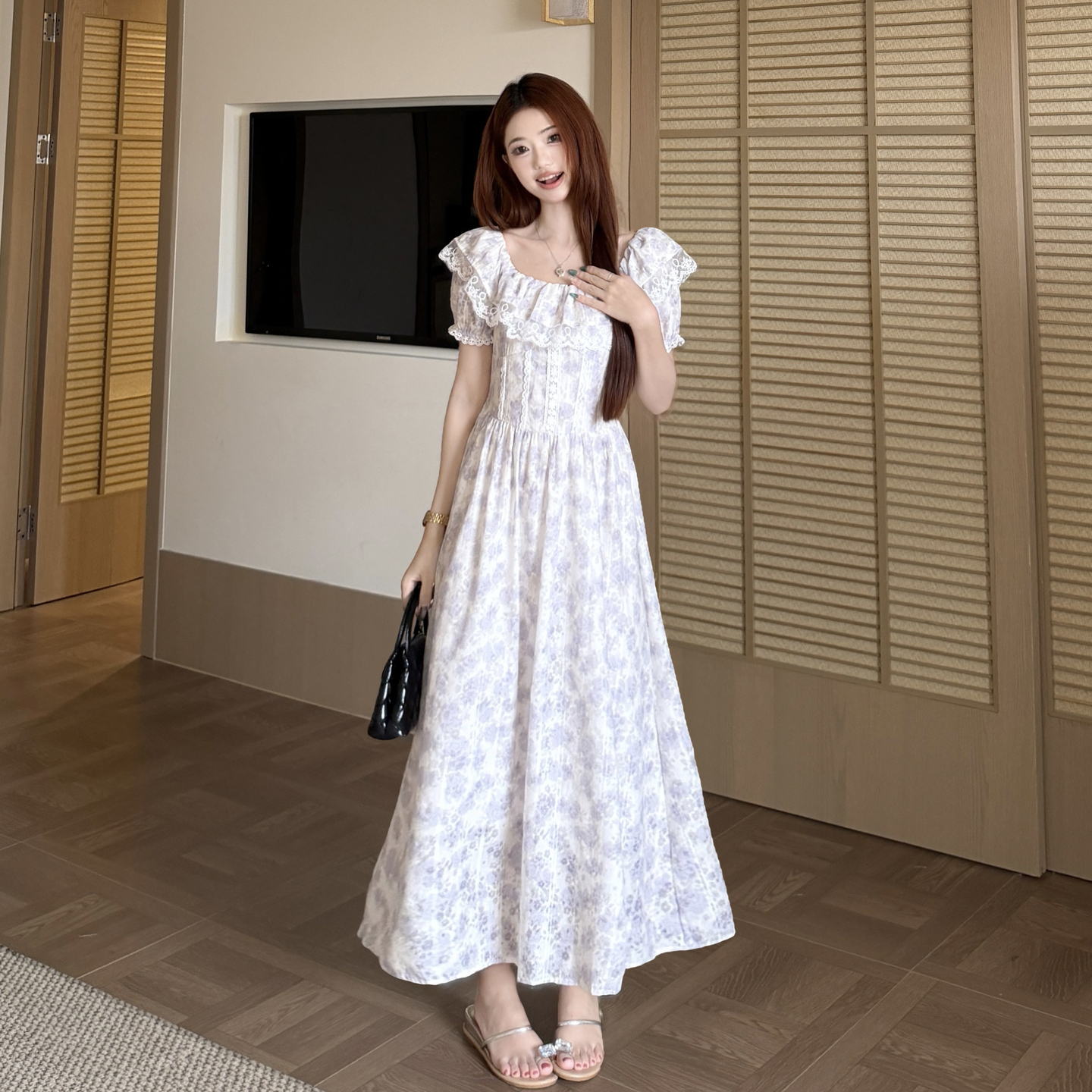 Plus Size Lace Ruffle Neck Floral Dress Summer 2026 French Sweet Style