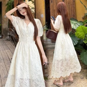 French Style Plus Size Summer Dress 2026 Sweet Retro V Neck A Line Midi