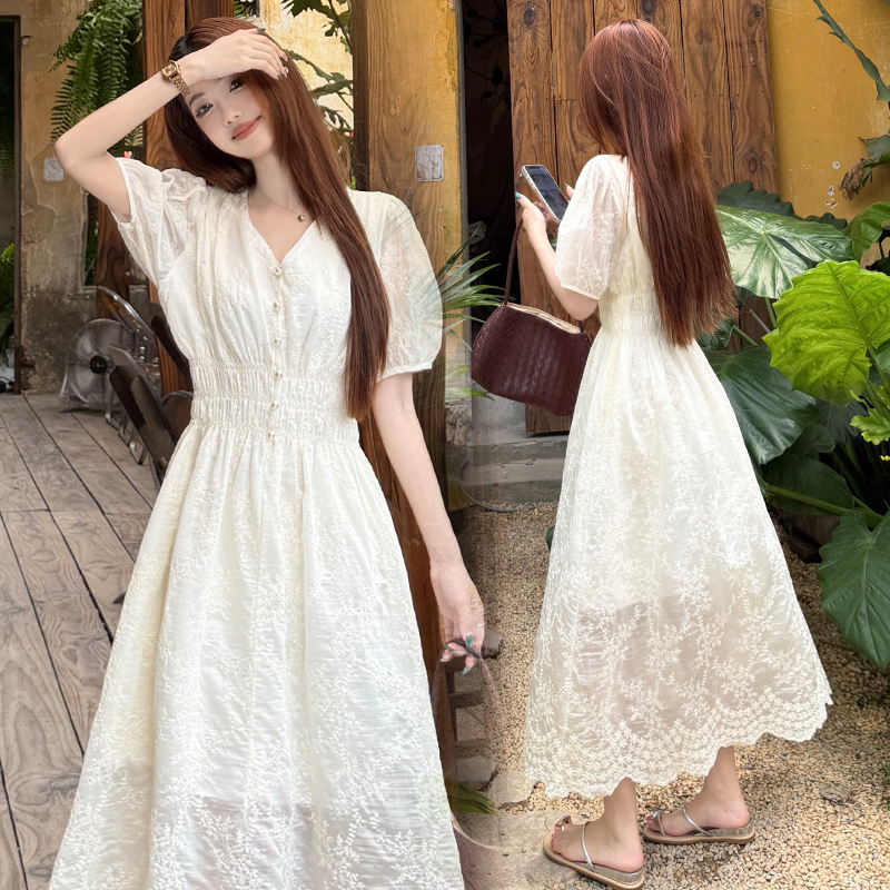 French Style Plus Size Summer Dress 2026 Sweet Retro V Neck A Line Midi