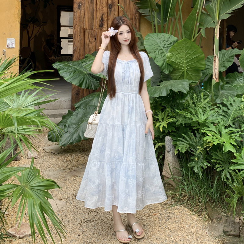 French Floral Chiffon A-Line Plus Size Dress with Short Bubble Sleeves - Image 4